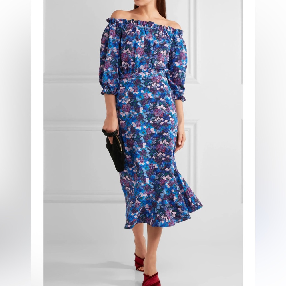 SALONI Blue Floral Off-Shoulder Midi Dress